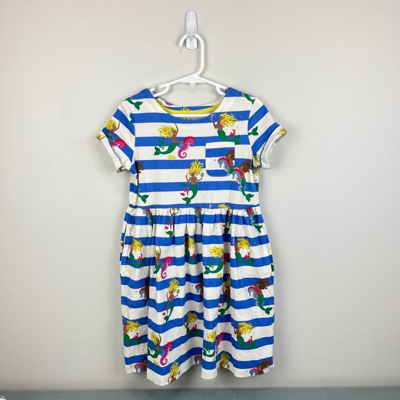 Mini Boden Short Sleeved Fun Jersey Dress Surf Blue Mermaid Stripe 7-8